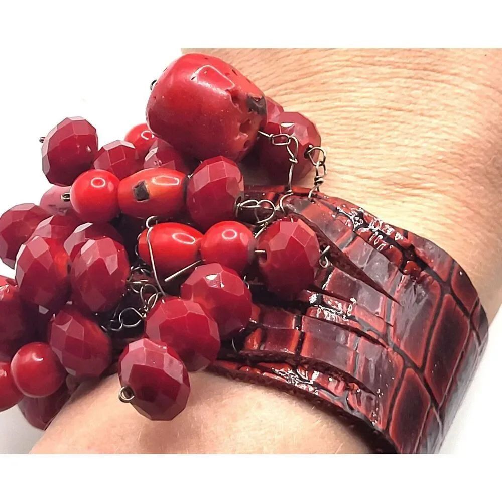 Artisan One of A Kind Coral Leather wrap Bracelet Funky Boho Snap on 8-9in